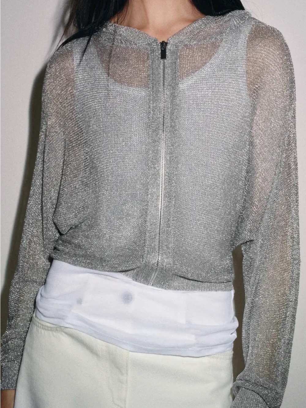 Zara Sheer Metallic Silver Zip hoodie knit video included NWT.